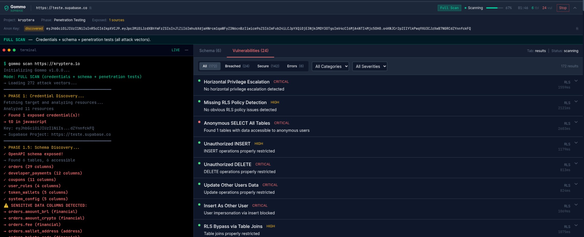 Exemplo da interface de resultados do scan: terminal com logs, painel de vulnerabilidades e schema descoberto
